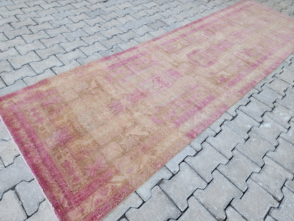 3x11 Pink Wool Turkish Runner Rug: Hand Knotted Bohemian Hallway Decor