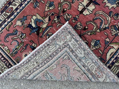 3x9 Tribal Persian Rug: Hand Woven, Faded Red and Black Pattern