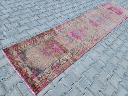 Hand Woven Wool Runner Rug 2x11: Vintage Turkish Herki Rug