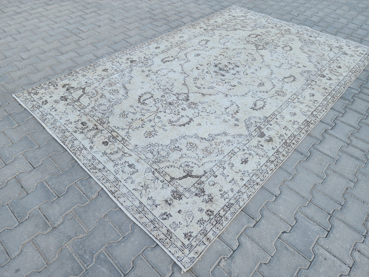 6x9 Oushak Wool Rug: Blue Turkish Vintage Area Rug