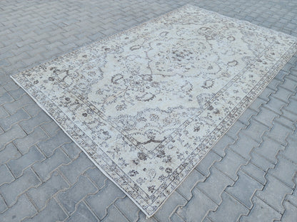 6x9 Oushak Wool Rug: Blue Turkish Vintage Area Rug