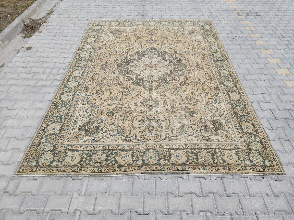 Hand Knotted Oushak Turkish Rug: 8x11 Vintage Wool Area Rug