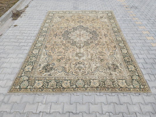 Hand Knotted Oushak Turkish Rug: 8x11 Vintage Wool Area Rug