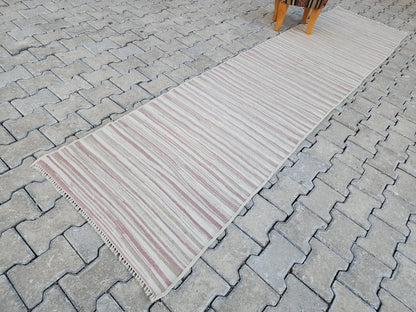 2x11 Hand Knotted Turkish Kilim Runner Rug: Neutral Farmhouse Decor