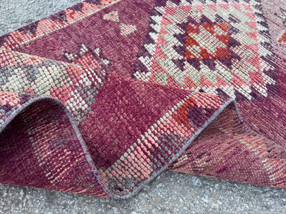 2x8 Tribal Medallion Runner: Handwoven Turkish Wool Purple and Red with Geometric Motifs