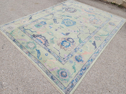 8x10 Oushak Rug: Eco Friendly Carpet,Handwoven Turkish Wool, Pastel Green Vintage Style