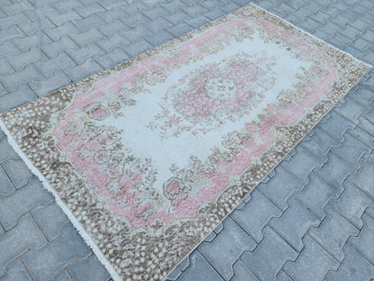 Handwoven Turkish Oushak Rug 4x7: Pink Rose Wool Rug