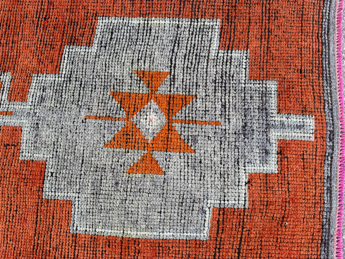 3x12 Oriental Herki Runner: Vintage Handwoven Wool in Burnt Orange & Brown with Geometric Motifs