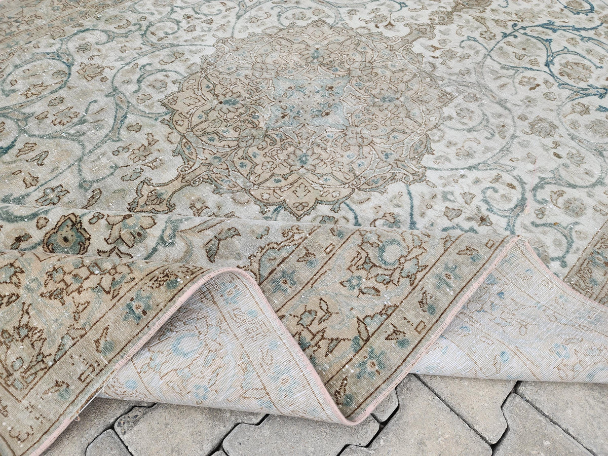 6x11 Neutral Vintage Rug: Green Floral Design Persian Border Design, Hand Knotted