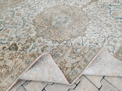 6x11 Neutral Vintage Rug: Green Floral Design Persian Border Design, Hand Knotted