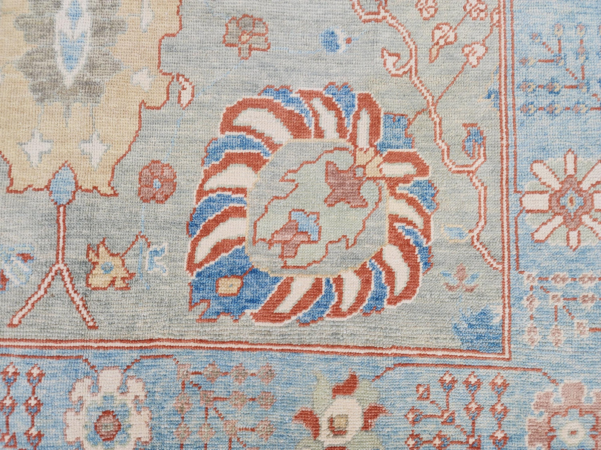 8x10 Oushak Rug, Handwoven Turkish Wool, Light Blue Terracotta Floral, Living Room Decor