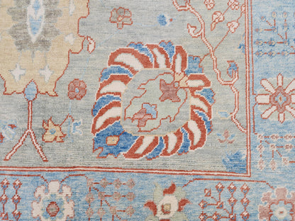 8x10 Oushak Rug, Handwoven Turkish Wool, Light Blue Terracotta Floral, Living Room Decor