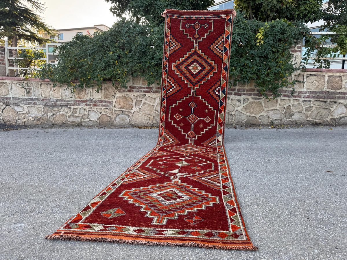 3x13 Long Herki Runner Rug: Vintage Handwoven Wool Orange and Brown Tribal Geometric Design