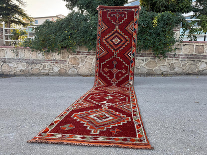 3x13 Long Herki Runner Rug: Vintage Handwoven Wool Orange and Brown Tribal Geometric Design
