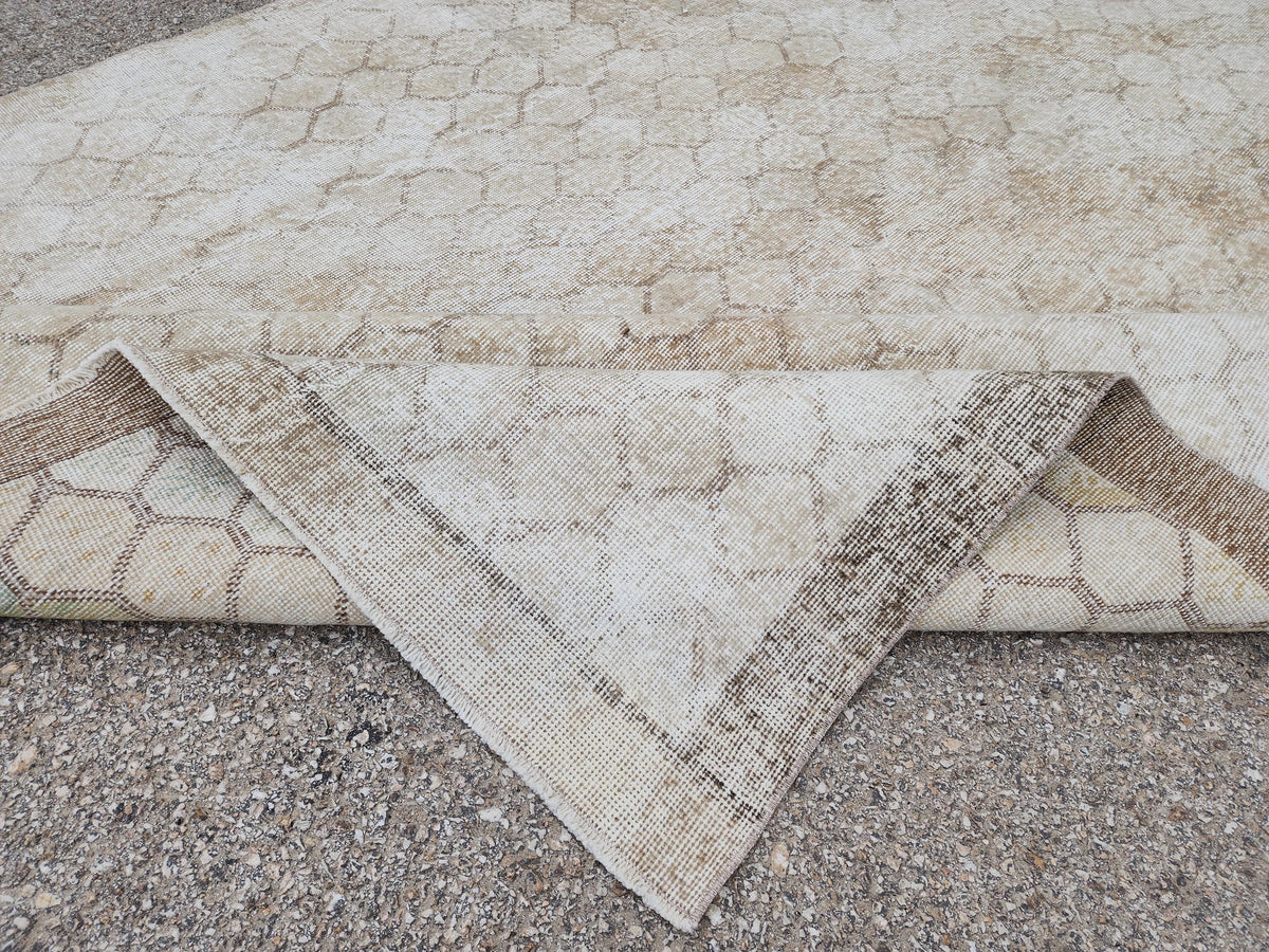 7x10 Turkish Oushak Rug: Neutral Geometric Wool Area Rug