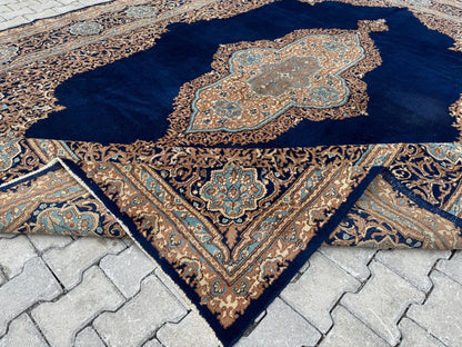 10x13  Vintage Wool Rug, Hand Knotted Turkish Oriental, Neutral Blue Carpet