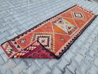 Vintage Herki Wool Runner Rug: 2.8x9 Orange Bohemian Rug