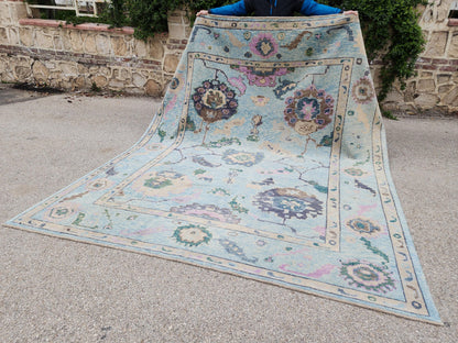 9x10 Oushak Rug: Pastel Blue Floral Up Cycled Wool Carpet, Vintage Boho Style,