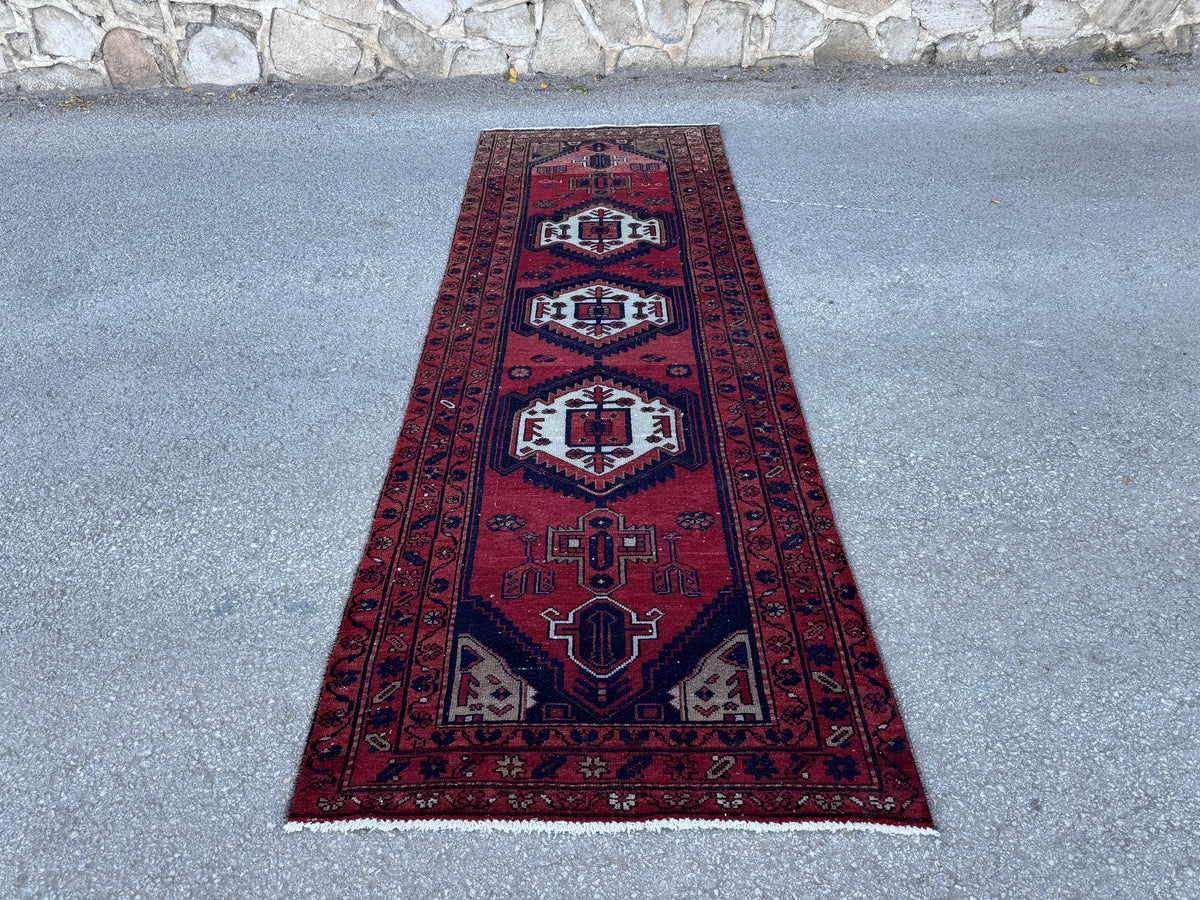 3x10 Geometric Wool Red Runner Rug: Hand Knoteed, Kitchen Decor