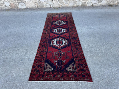 3x10 Geometric Wool Red Runner Rug: Hand Knoteed, Kitchen Decor