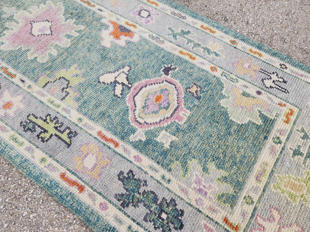 2x7 Green Oushak Runner Rug, Eco Friendly Rug, Up Cycled Wool, Kitchen Decor
