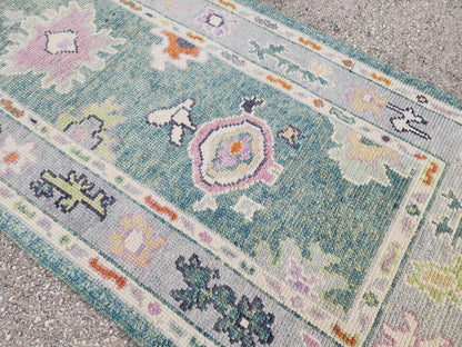 2x7 Green Oushak Runner Rug, Eco Friendly Rug, Up Cycled Wool, Kitchen Decor