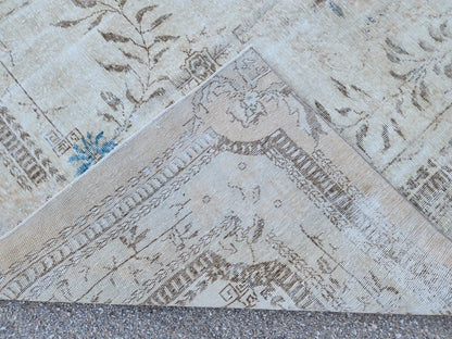 7x10 Hand-Knotted Wool Oushak Rug: Turkish Beige Distressed Carpet
