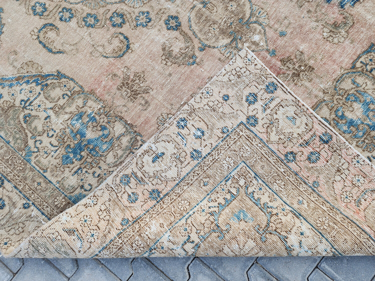 6x10 Turkish Area Rug, Beige and Blue Color, Dining Room Wool Hand Knotted Decor