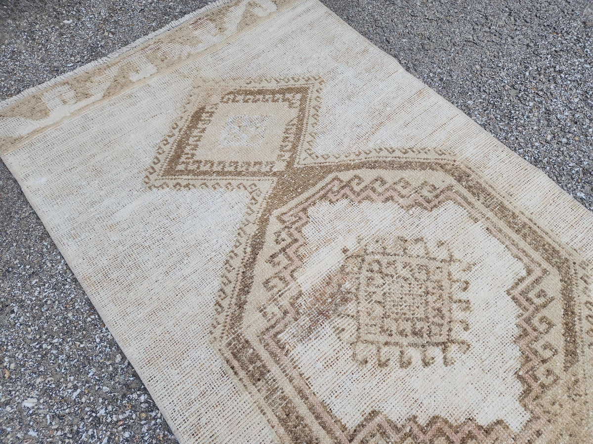 Neutral Runner Rug 3x13, Hand Knotted Rustic Boho Decor, White and Brown