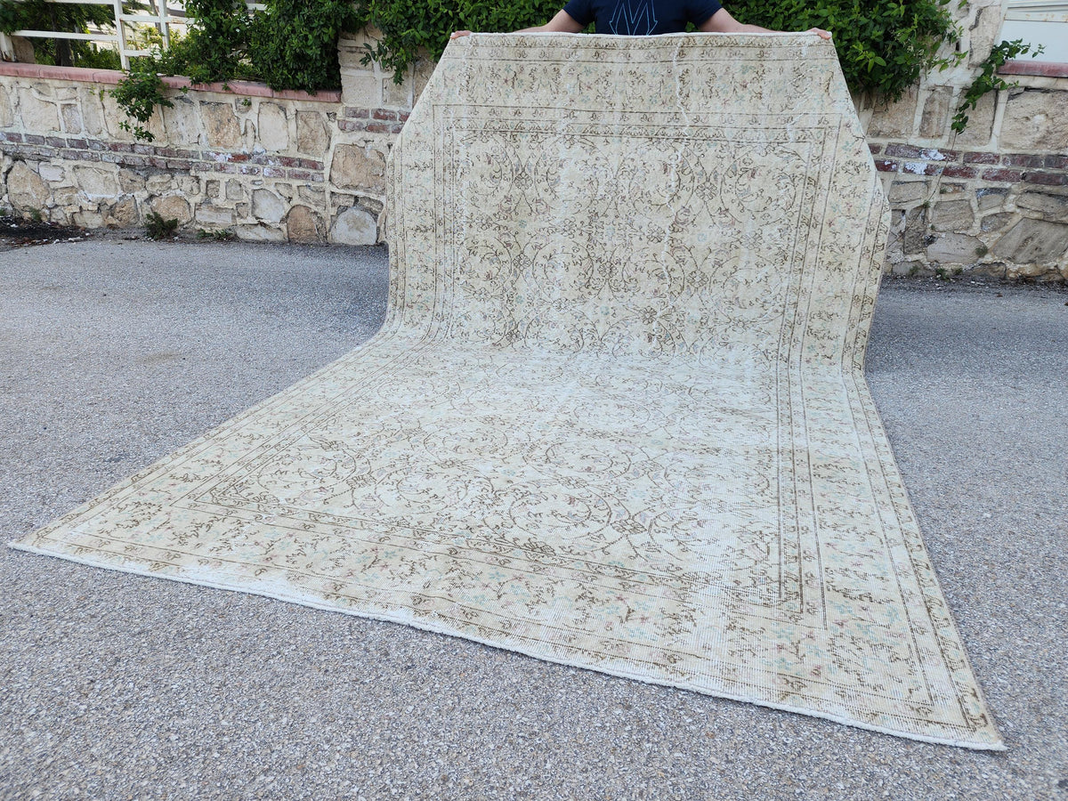 7x10 Vintage Oushak Rug: Hand-Knotted Wool, Distressed Beige Carpet