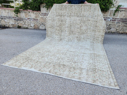 7x10 Vintage Oushak Rug: Hand-Knotted Wool, Distressed Beige Carpet