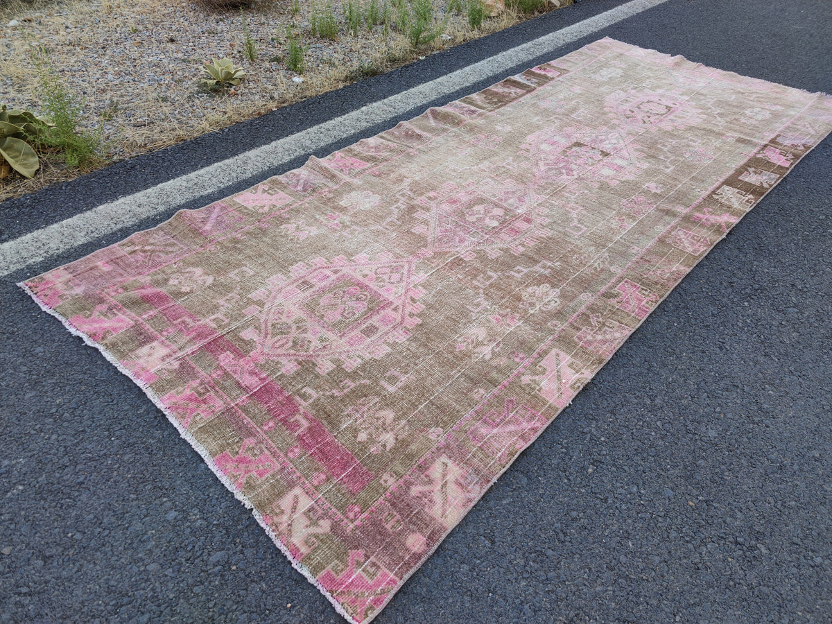 4x11 Turkish Runner Rug: Brown Abstract Hallway Carpet