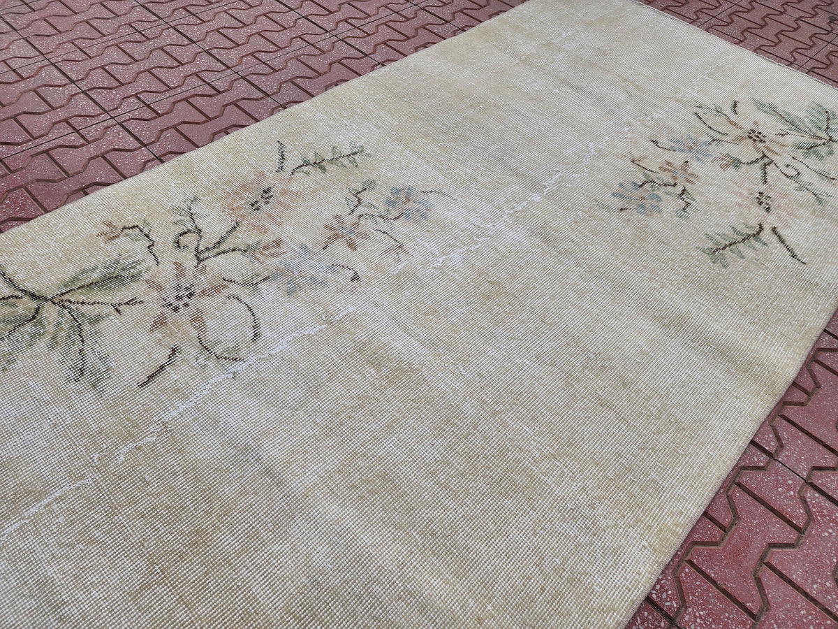 Handwoven Wool Oushak Rug 4x6: Green & Neutral Turkish Design