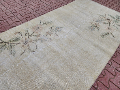 Handwoven Wool Oushak Rug 4x6: Green & Neutral Turkish Design