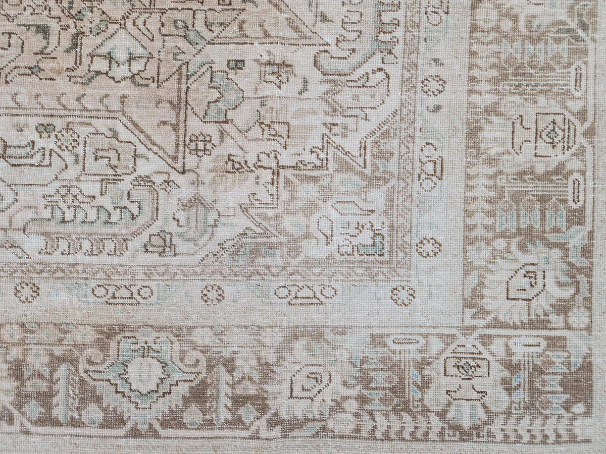 Heriz Neutral Rug 9x12, Hand Knotted Beige And Brown Wool, Living Room Rustic Decor