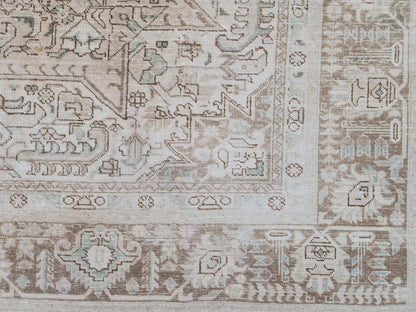 Heriz Neutral Rug 9x12, Hand Knotted Beige And Brown Wool, Living Room Rustic Decor