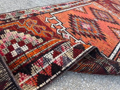2x11 Runner Rug: Vintage Wool in Maroon and Orange with Geometric Tribal Pattern