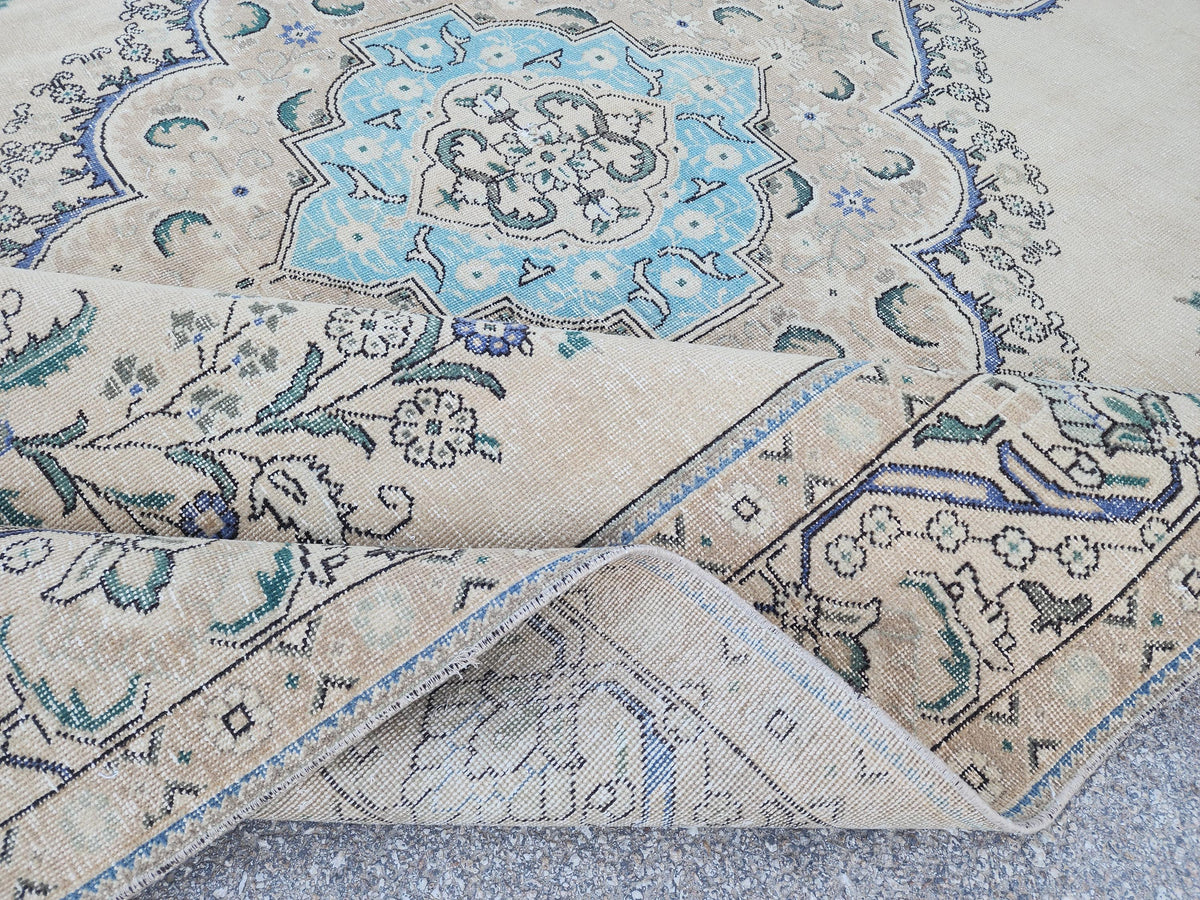 Hand Knotted Wool Area Rug 9x12: Blue Medallion and Beige Vintage Farmhouse Rug