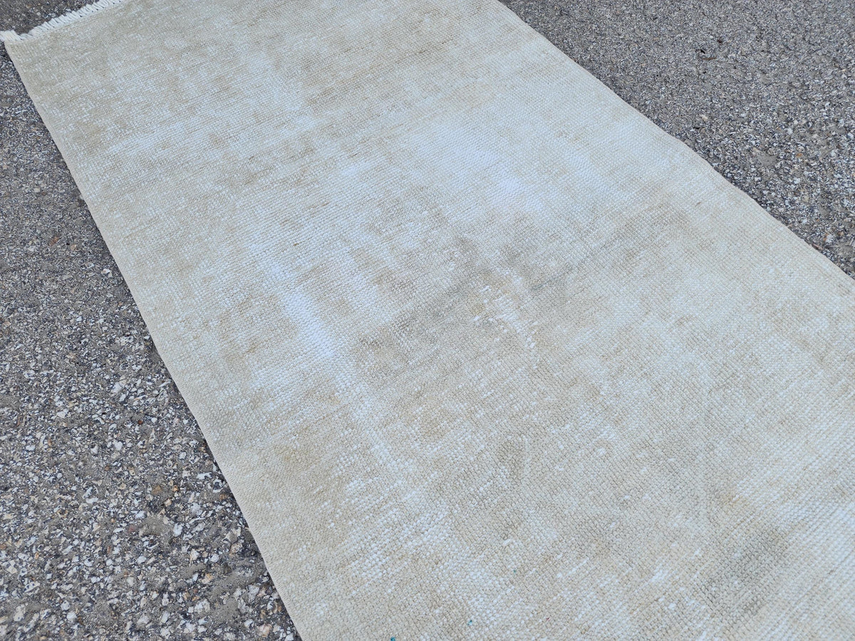 Neutral Turkish Wool Runner Rug 2x11: Hand-Knotted Bohemian Hallway Decor