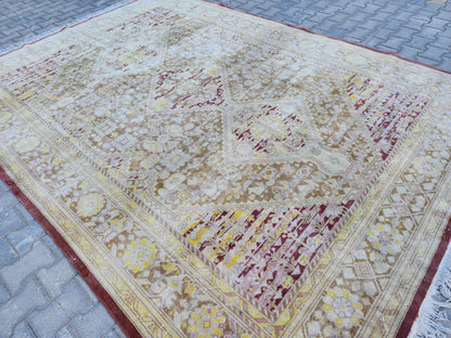 Vintage Oushak Rug 8x11: Hand-knotted Neutral Wool Oriental Rug