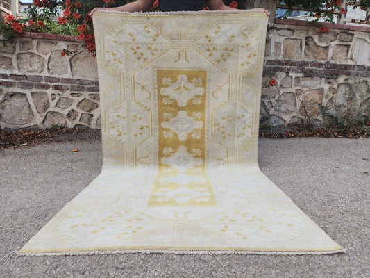 3x6 Vintage Area Rug, Turkish Hand Made Wool Carpet, Beige and Yellow Color, Bohem Home Decor