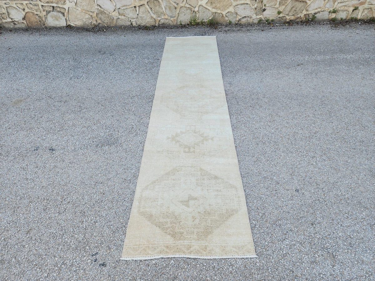 Beige Wool Runner Rug 3x12: Handmade Oriental Farmhouse Decor