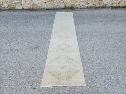 Beige Wool Runner Rug 3x12: Handmade Oriental Farmhouse Decor