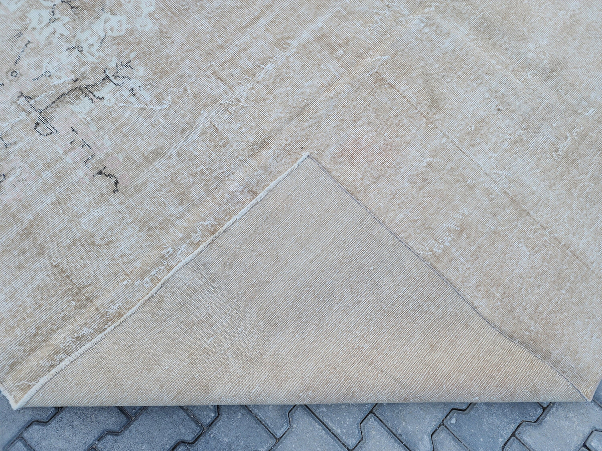 7x10 Vintage Oushak Rug: Neutral Beige Turkish Hand-Knotted Rug