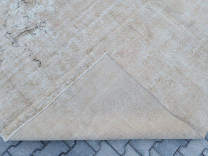 7x10 Vintage Oushak Rug: Neutral Beige Turkish Hand-Knotted Rug