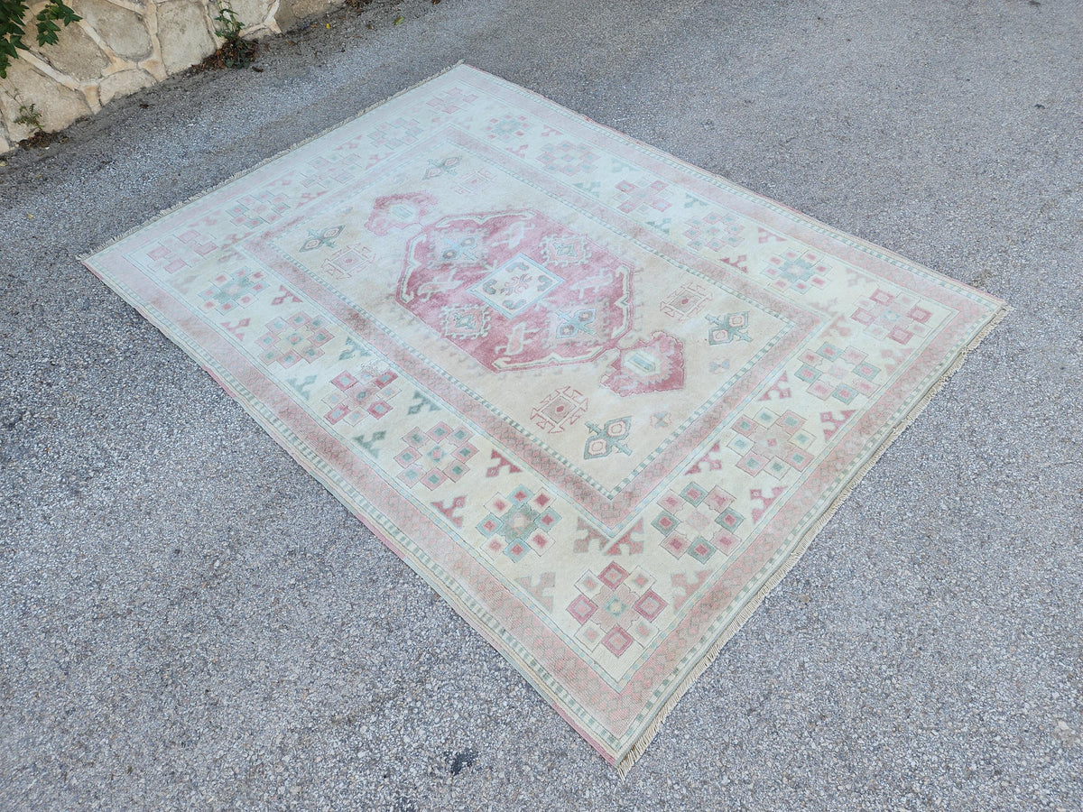Neutral Wool Rug 6x8, Living Room Soft Design, Turkish Hand Made Vintage Carpet