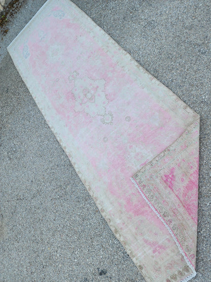 3x9 Boho Runner Rug, Powder Pink Wool Hand Made, Kitchen Rustic Decor