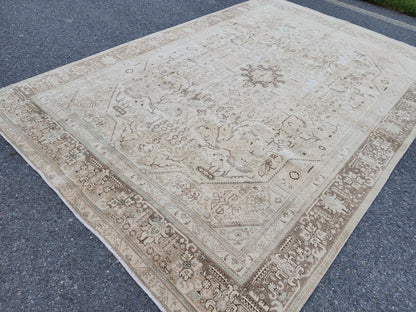 8x12 Neutral Heriz Area Rug, Hand Knotted Up Cycled Wool, Living Room Bohemian Decor