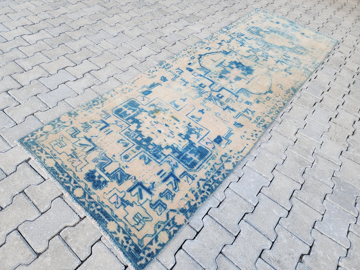 3x10 Blue Wool Turkish Runner Rug: Neutral Bohemian Hallway Decor