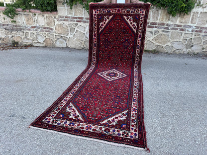 Hand Made Runner Rug 3x10, Red wool, Oriental Rustic Decor